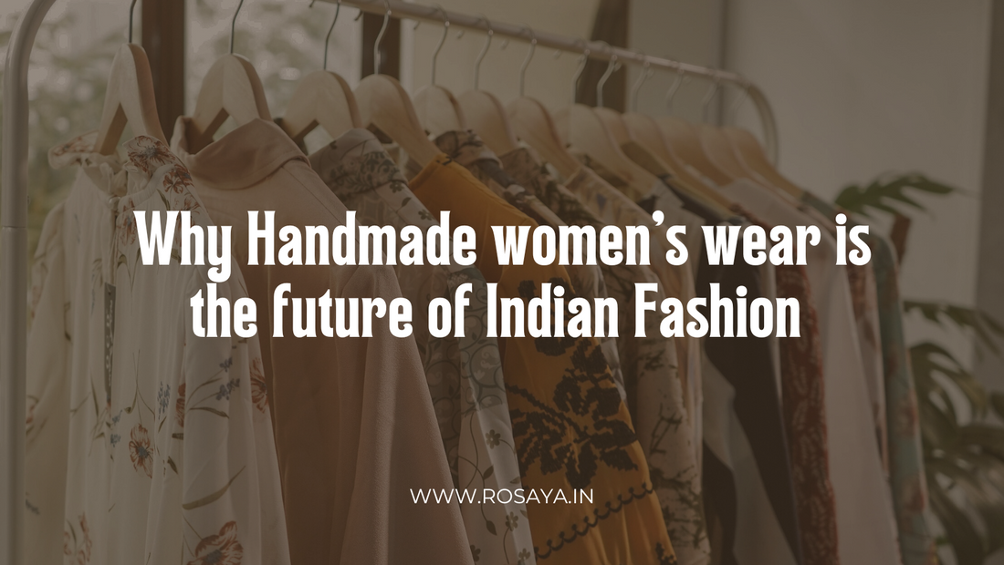 A rack displaying Rosaya's collection of handcrafted Indian women's wear, highlighting the future of sustainable and artisanal fashion.