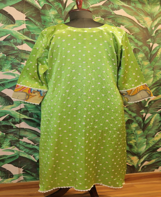 Modal silk with bandhej and hand print kalamkari fabric, enhance neck and hand