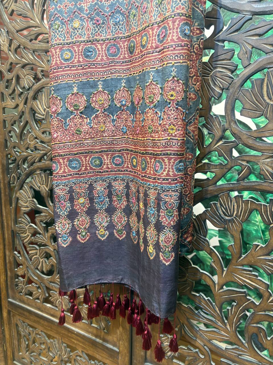 Mihira - Handcrafted Ajrakh Saree with Lambani Embroidery