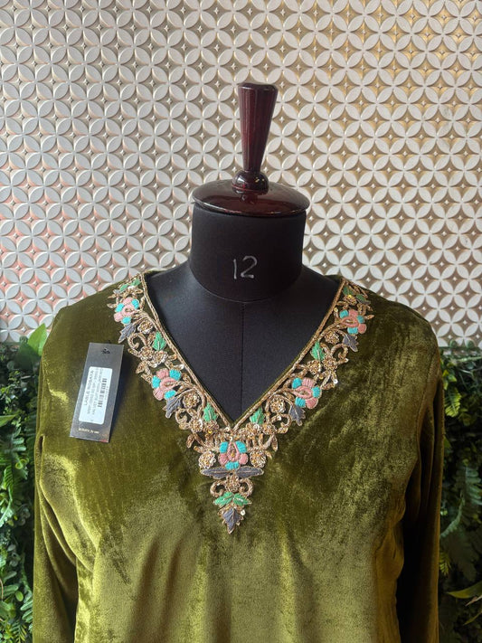 Rosaya Olive Green Velvet Embroidered Cord Set for Women