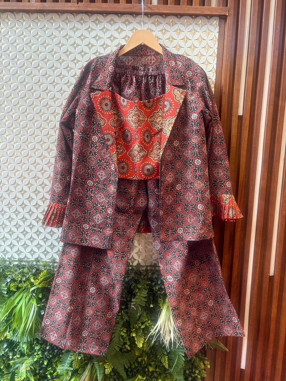 Ajrakh Cotton 3-Piece Co-ord Set (Jacket, Bustier & Wide Pants)
