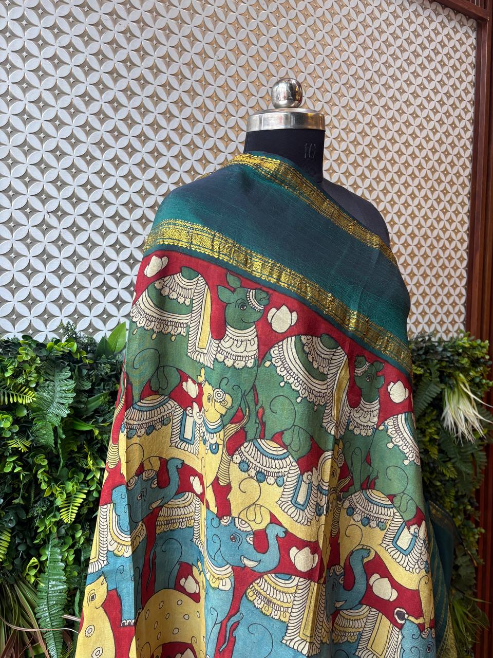 Devyani - Bottle Green Handpainted Kalamkari Kanjivaram Dupatta