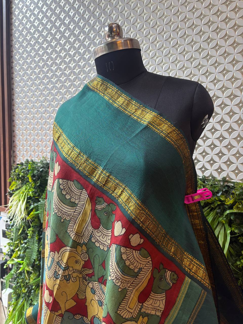 Devyani - Bottle Green Handpainted Kalamkari Kanjivaram Dupatta