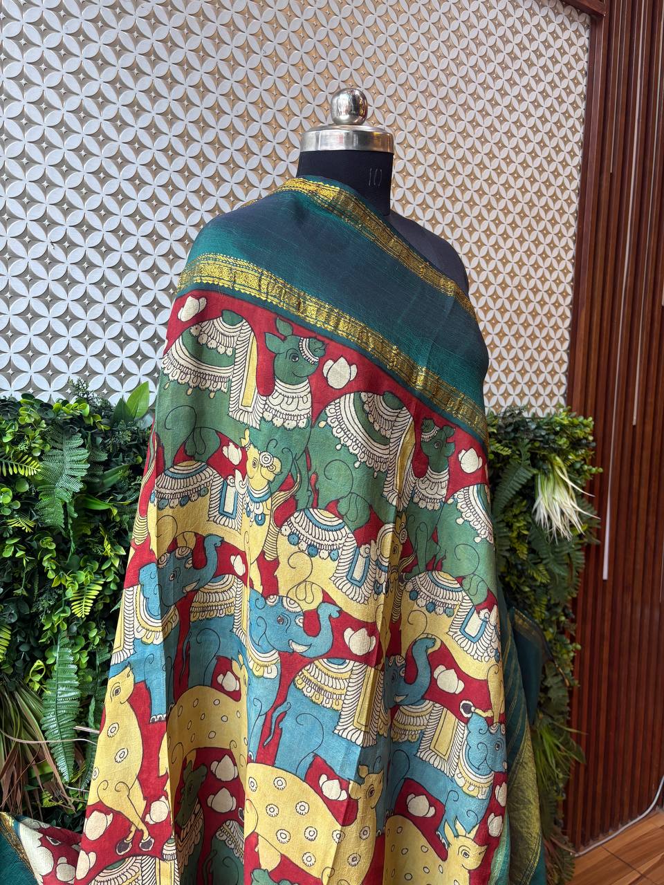 Devyani - Bottle Green Handpainted Kalamkari Kanjivaram Dupatta