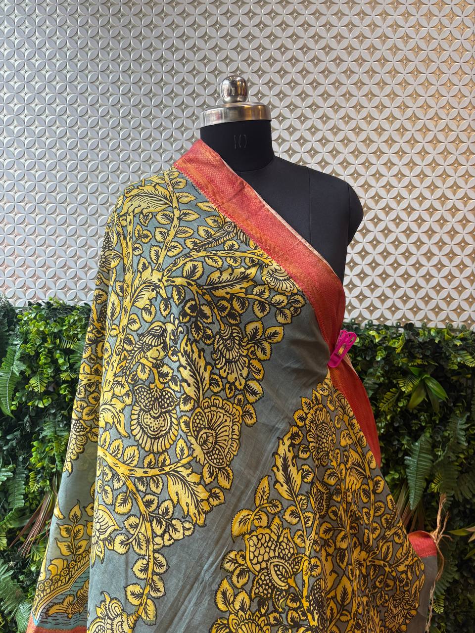 Meera - Grey Tree of Life Kalamkari Dupatta with Rust Border