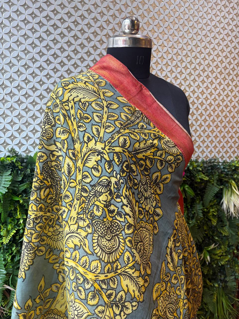 Meera - Grey Tree of Life Kalamkari Dupatta with Rust Border