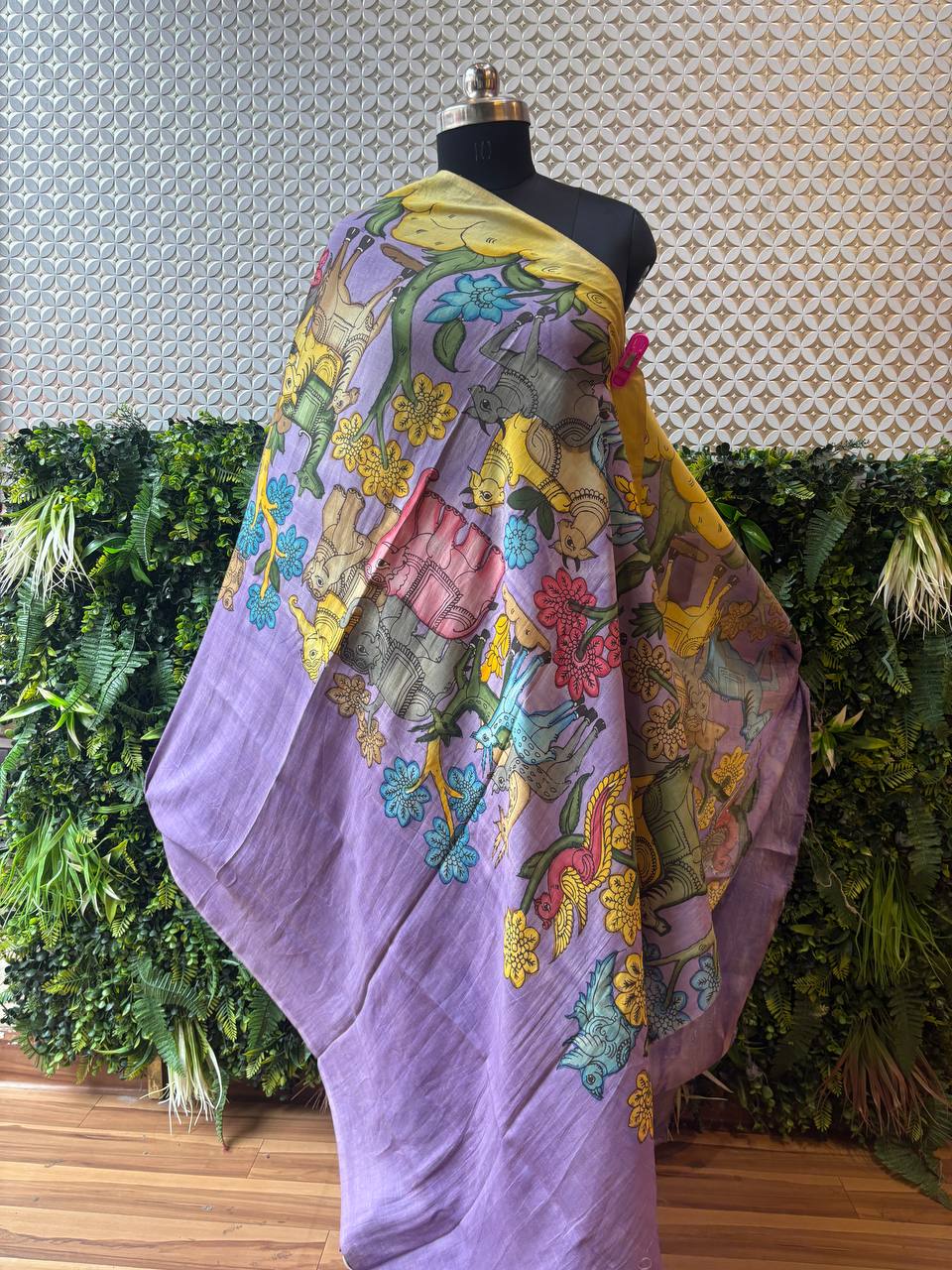 Full view of the Naina Kalamkari dupatta, showing the hand-painted folk art on a lilac base with a contrasting yellow panel.