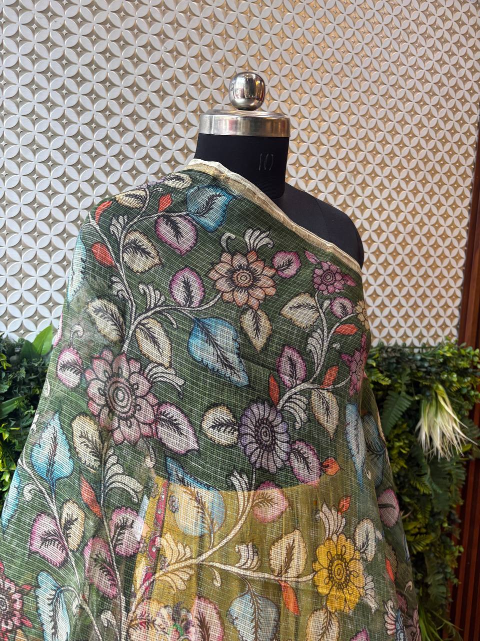 Bahaar - Olive Green Floral Printed Kota Silk Dupatta