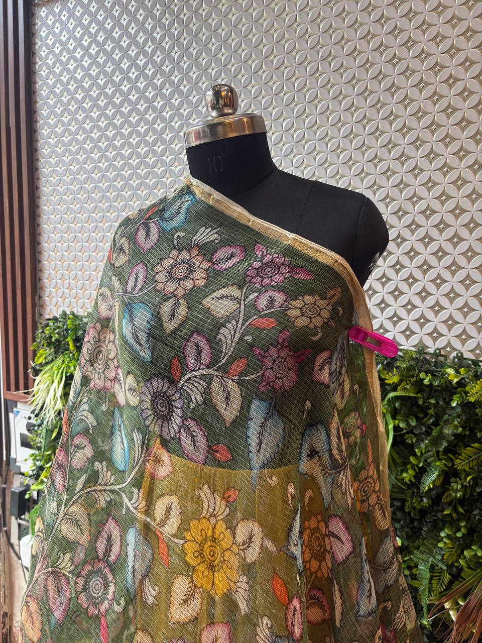 Bahaar - Olive Green Floral Printed Kota Silk Dupatta
