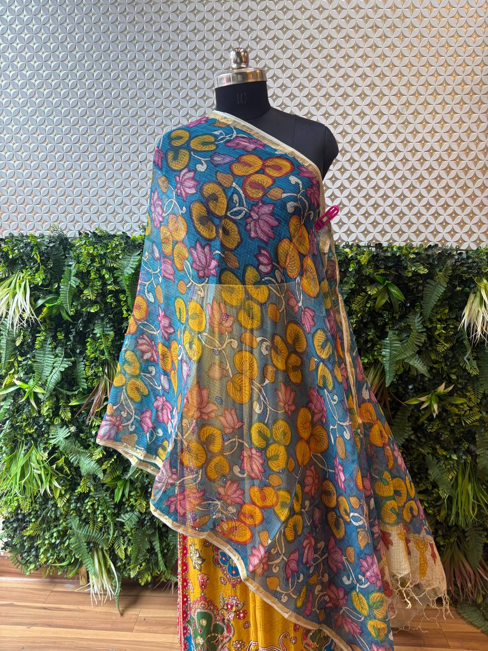 Full view of the Kamalini Kota Silk dupatta styled on a mannequin, showcasing the beautiful lotus pond print on a teal blue base.
