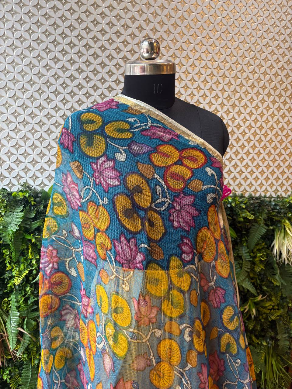 Kamalini - Teal Blue Lotus Pond Kota Silk Dupatta