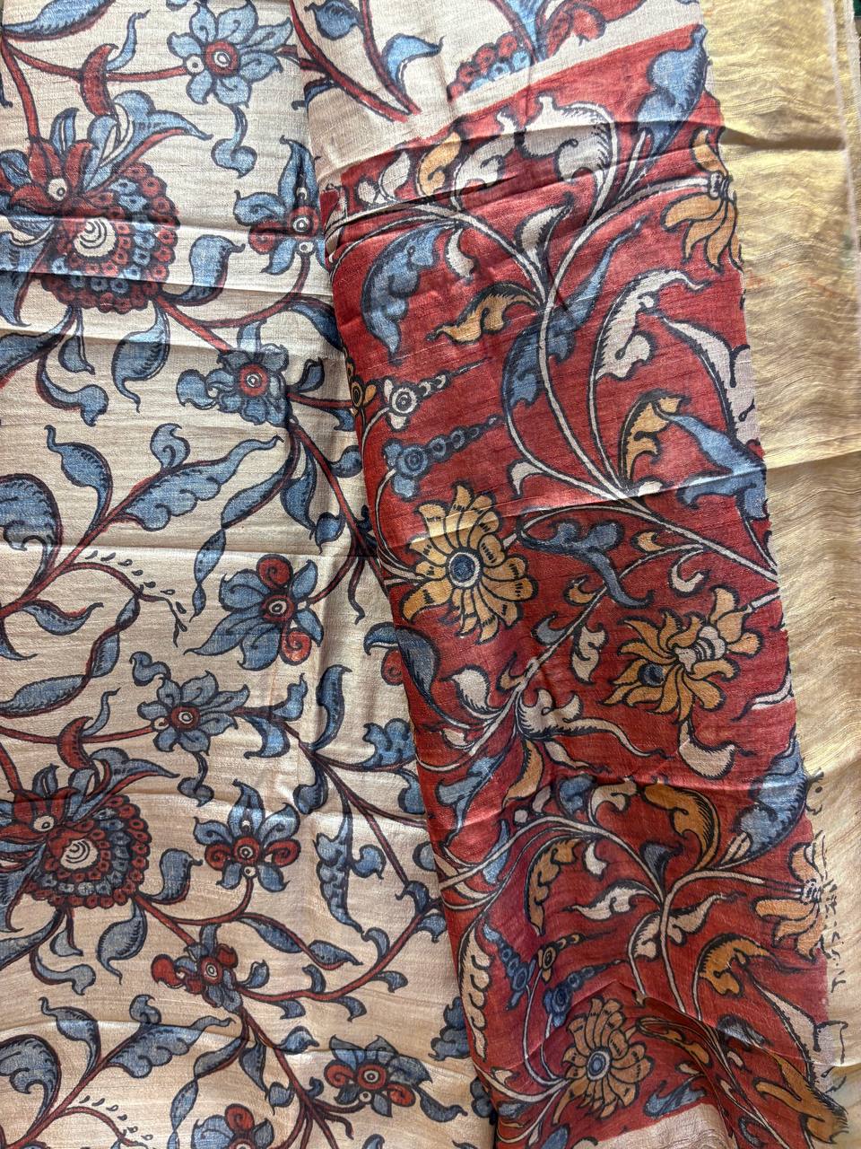 VanaLeela - Hand-Painted Pure Tussar Silk Kalamkari Saree