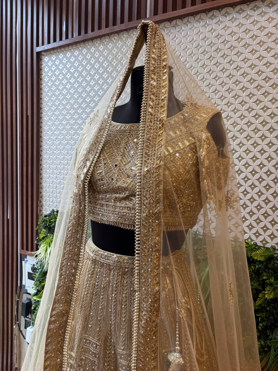 Champagne Gold Sequin & Mirror Work Lehenga Set by Lable Rosaya