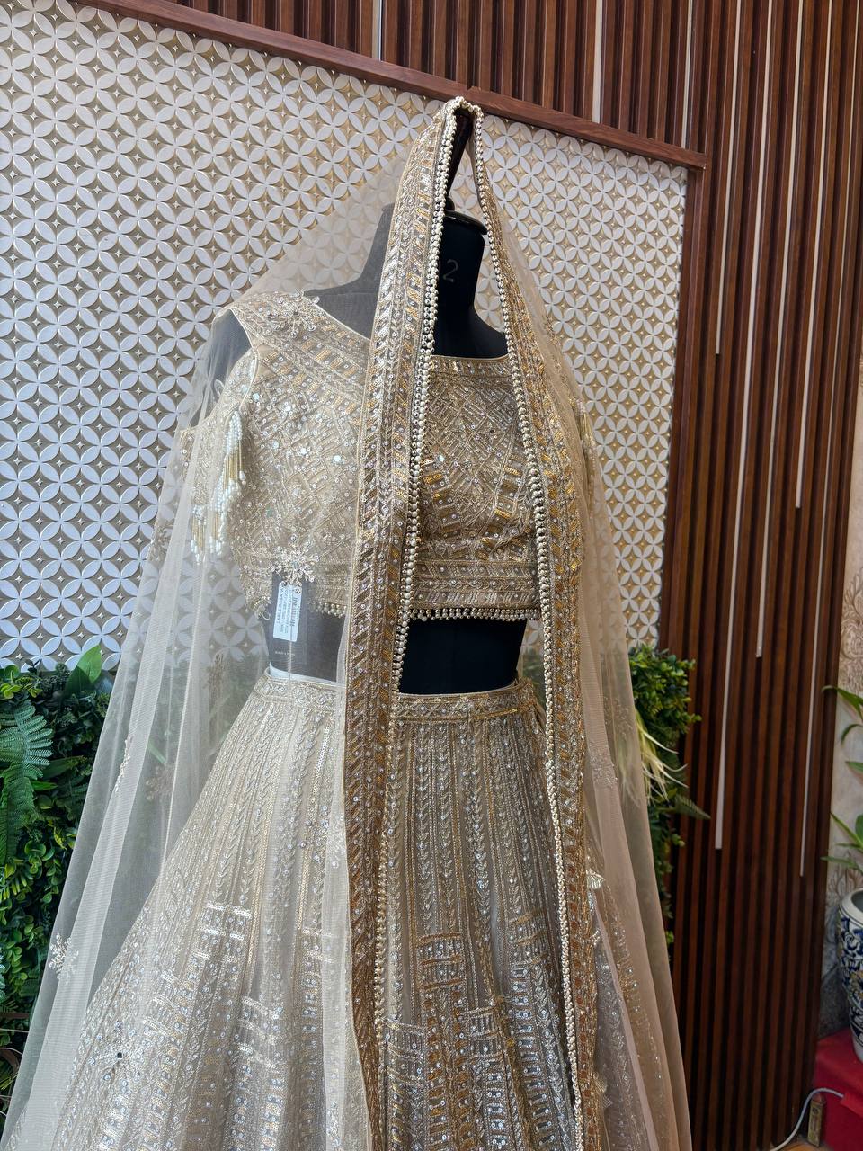 Champagne Gold Sequin & Mirror Work Lehenga Set by Lable Rosaya