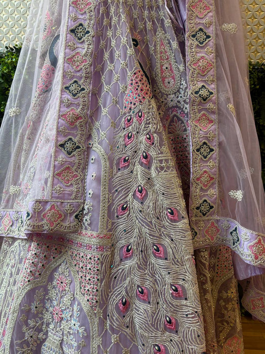 Lavender Peacock Embroidered Lehenga Set by Lable Rosaya