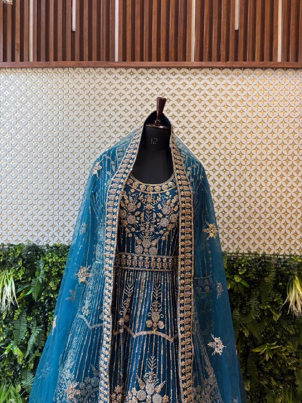 Regal Teal Blue Bridal Anarkali Gown by Lable Rosaya