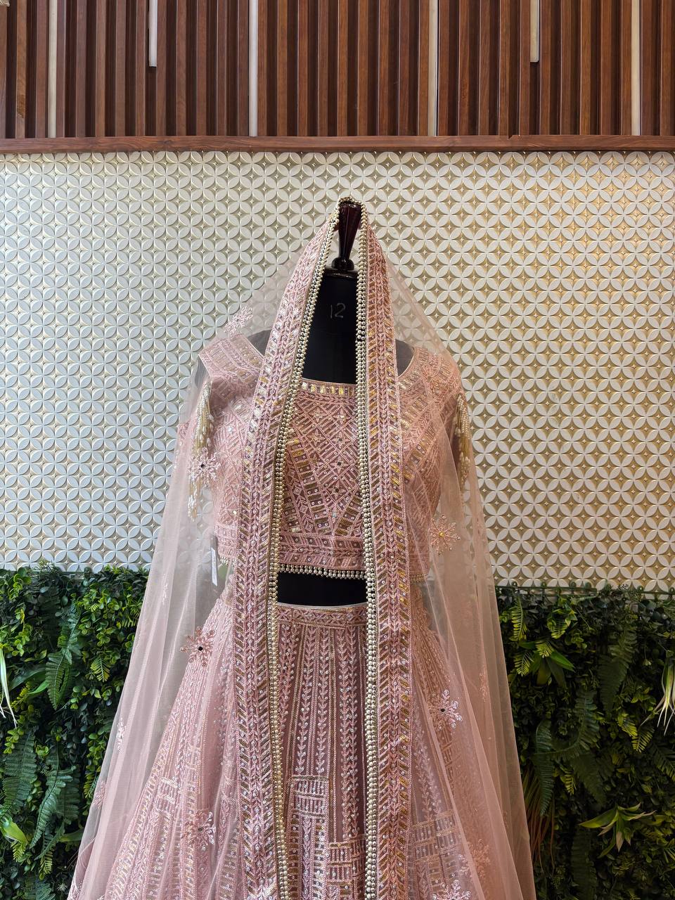 Dusty Rose Pearl & Sequin Lehenga Set by Lable Rosaya