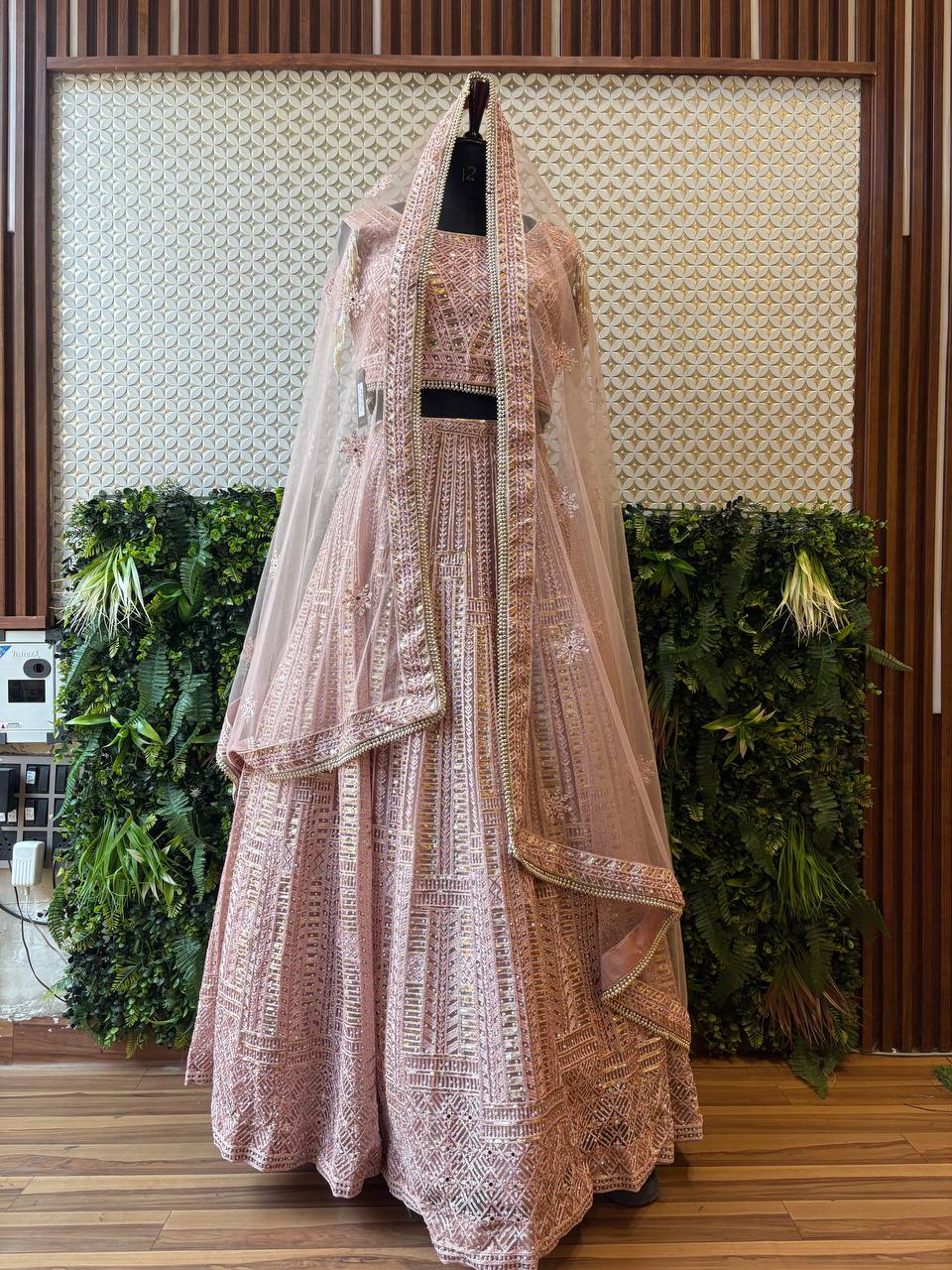 Dusty Rose Pearl & Sequin Lehenga Set by Lable Rosaya