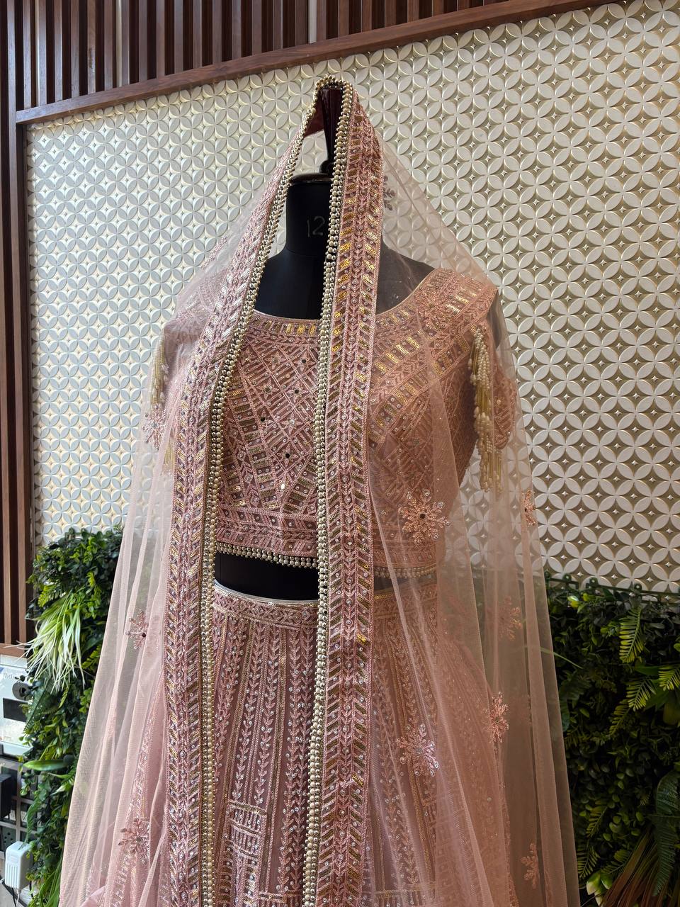 Dusty Rose Pearl & Sequin Lehenga Set by Lable Rosaya