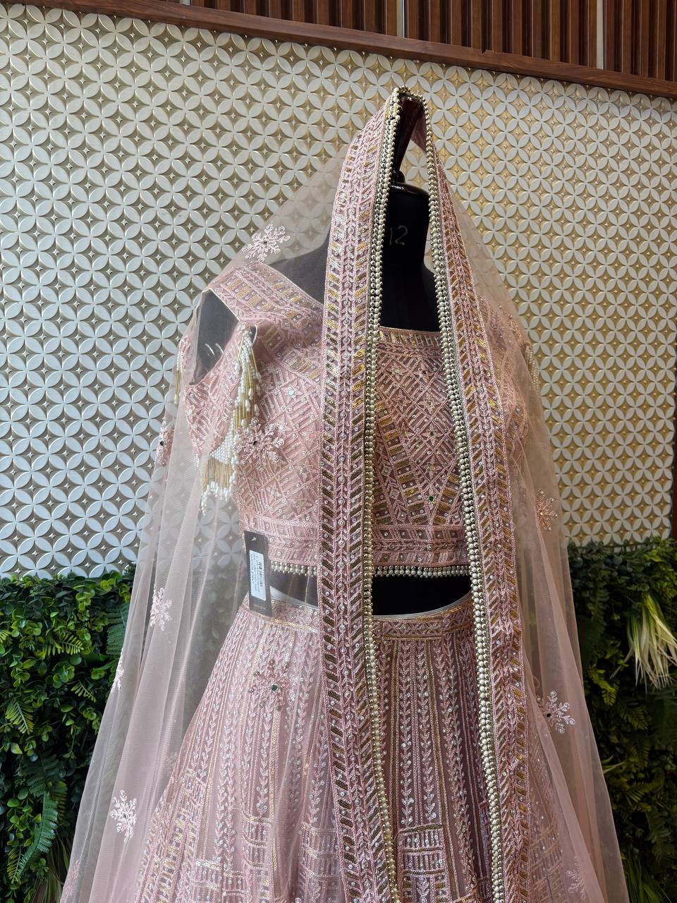 Dusty Rose Pearl & Sequin Lehenga Set by Lable Rosaya