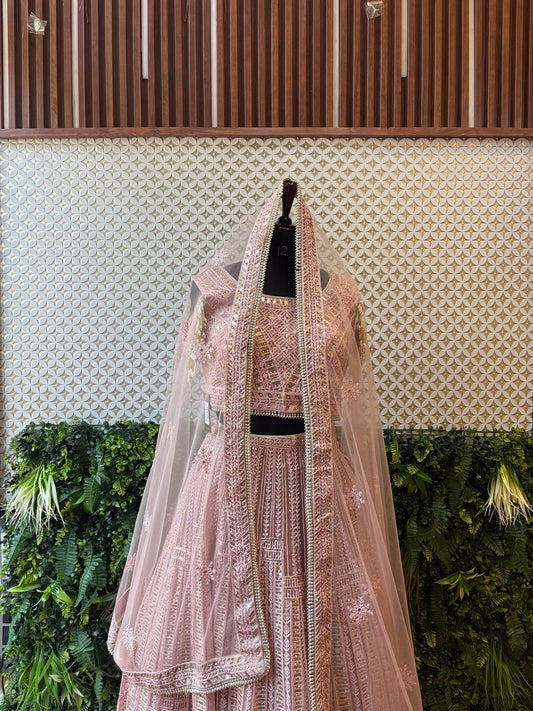 Dusty Rose Pearl & Sequin Lehenga Set by Lable Rosaya