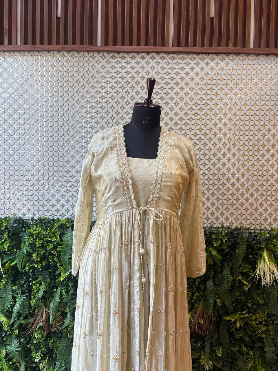 Ethereal Ivory Anarkali Gown with Pastel Floral Jacke