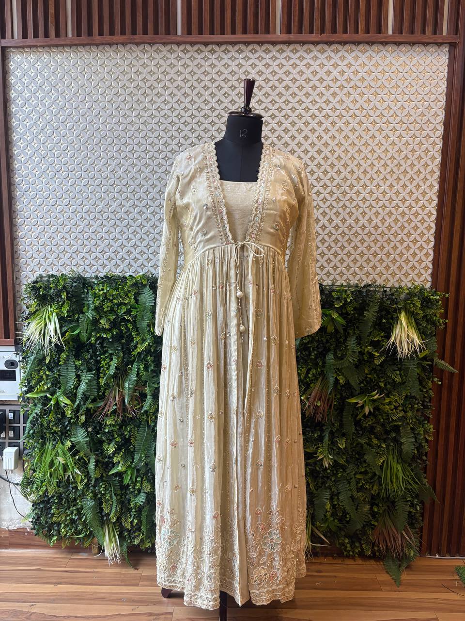Ethereal Ivory Anarkali Gown with Pastel Floral Jacke