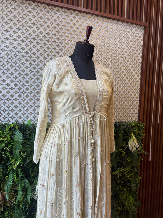 Ethereal Ivory Anarkali Gown with Pastel Floral Jacke