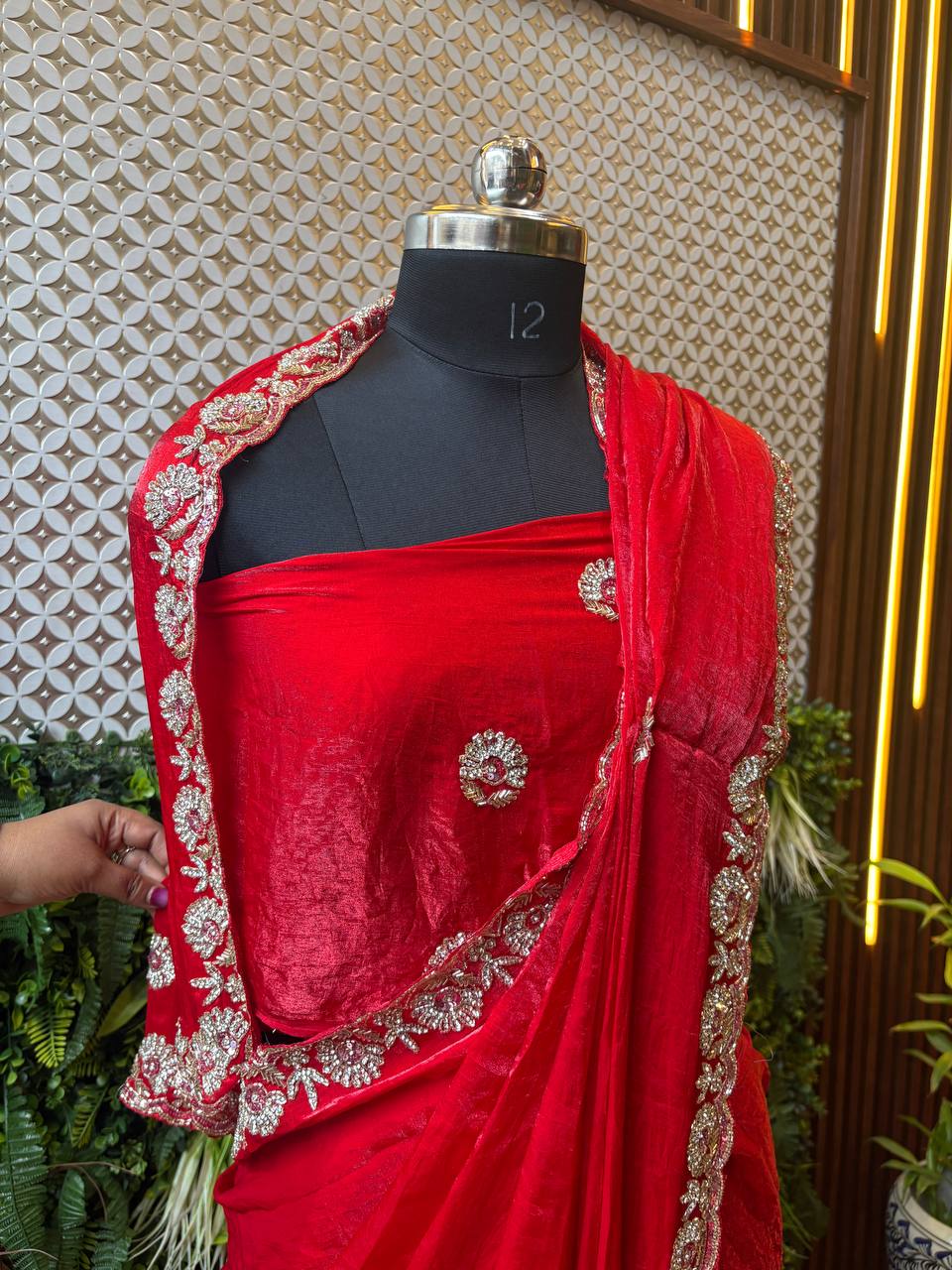 Swarovski Embellished Crepe Saree – Red & Green