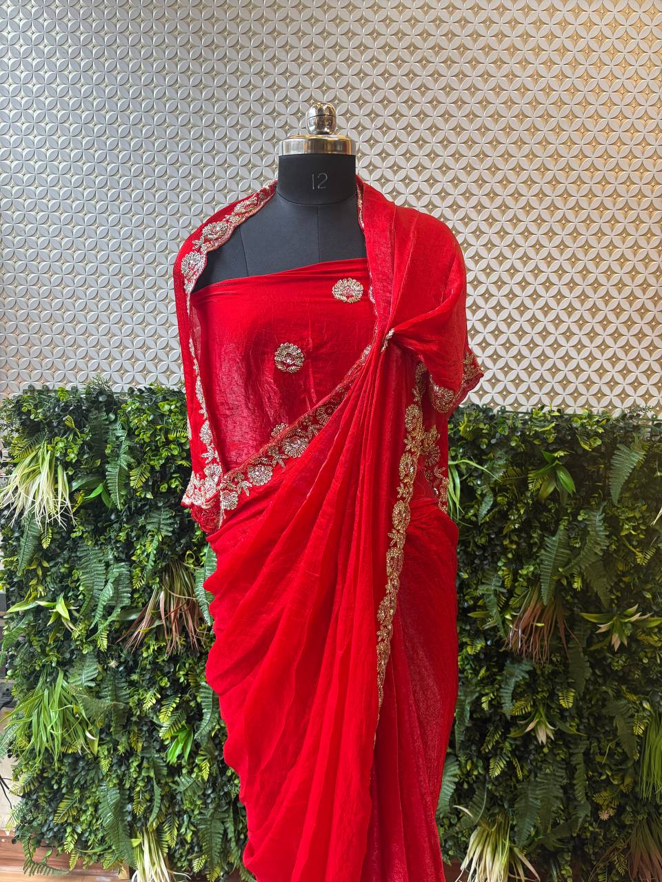 Swarovski Embellished Crepe Saree – Red & Green