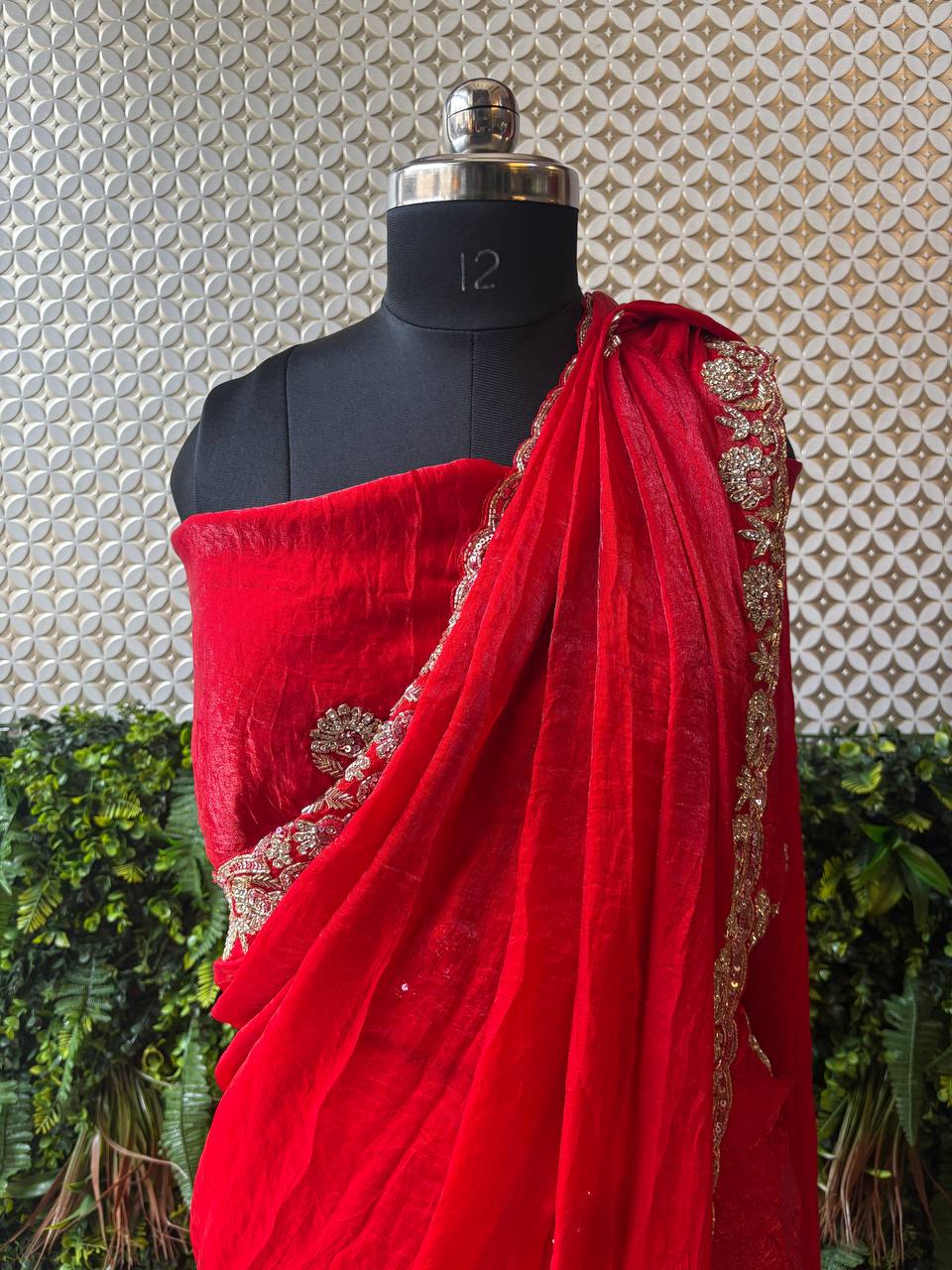 Swarovski Embellished Crepe Saree – Red & Green