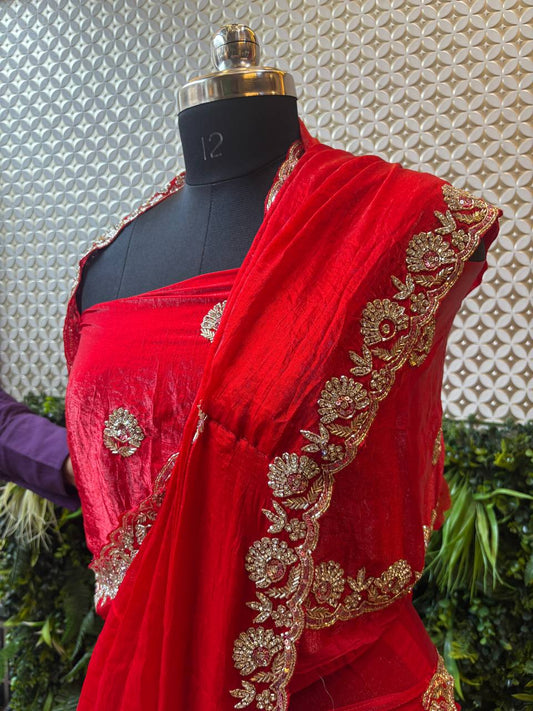 Swarovski Embellished Crepe Saree – Red & Green