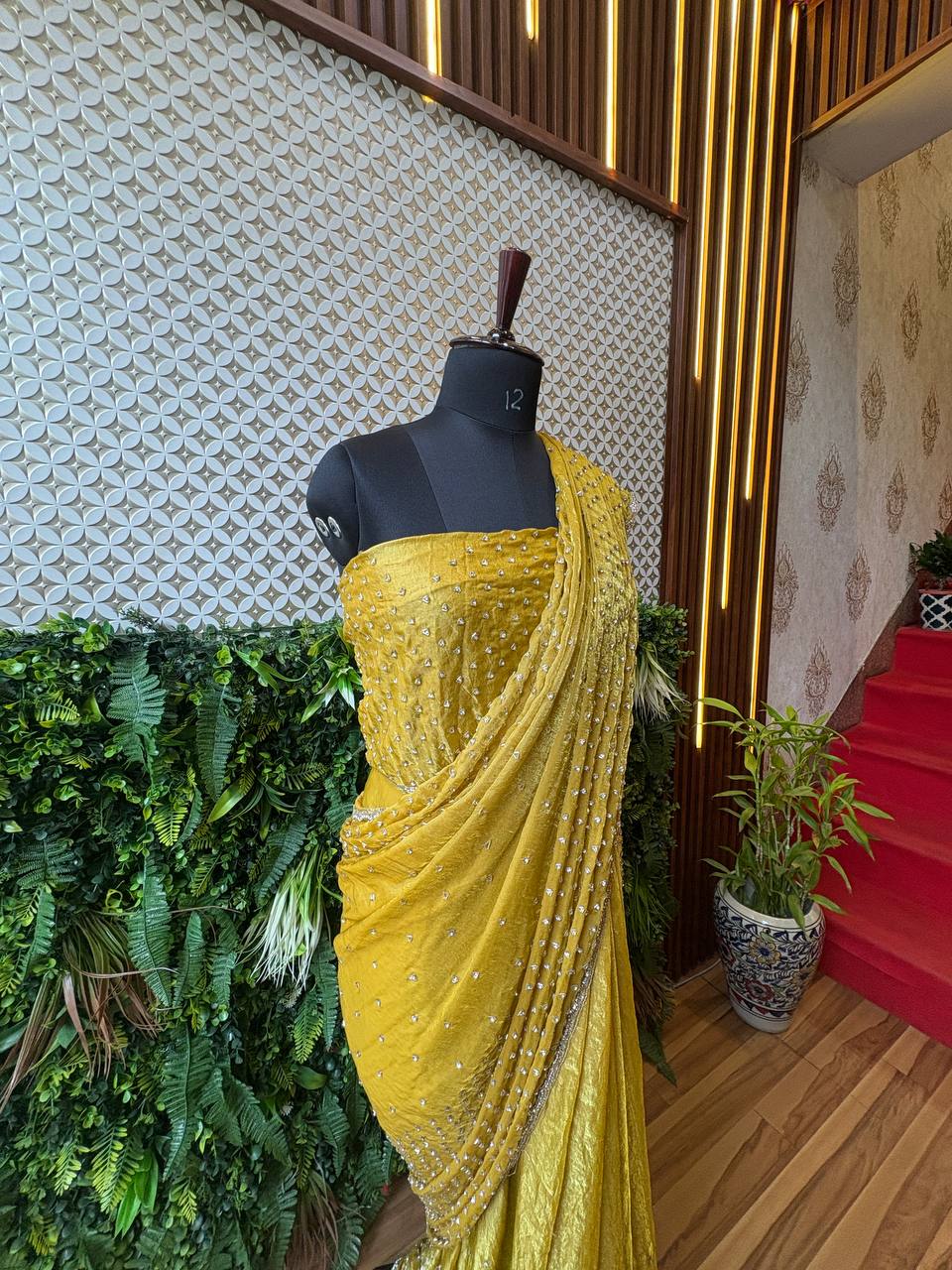 Mustard Yellow Crepe Handwork Saree – Elegant Designer Drape