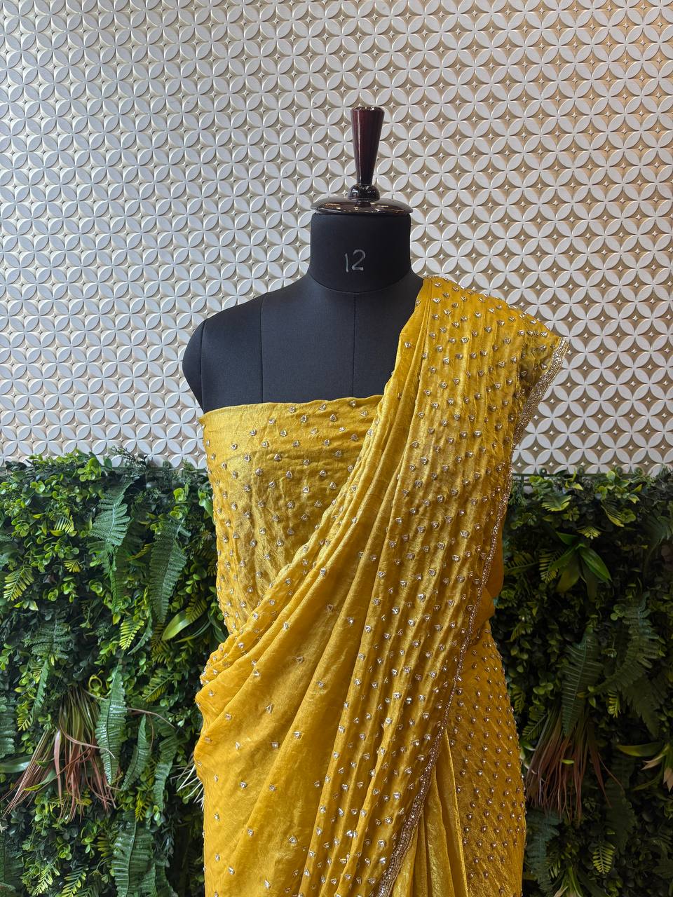 Mustard Yellow Crepe Handwork Saree – Elegant Designer Drape