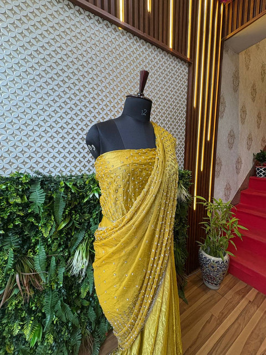 Mustard Yellow Crepe Handwork Saree – Elegant Designer Drape