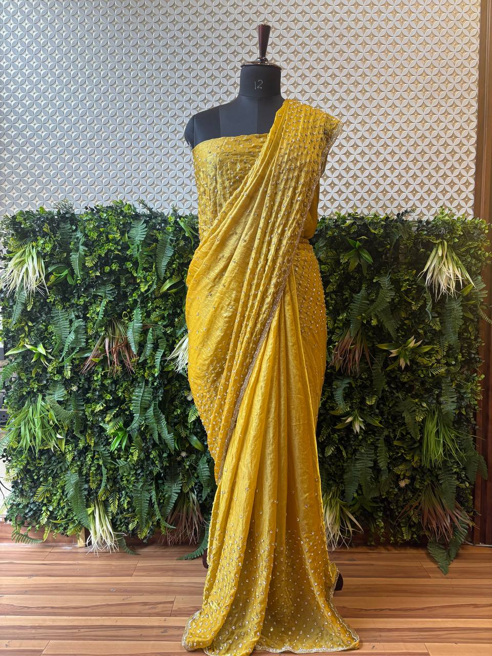 Mustard Yellow Crepe Handwork Saree – Elegant Designer Drape