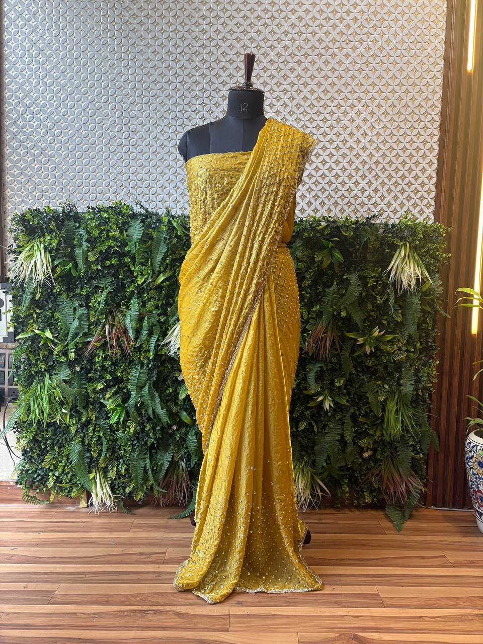 Mustard Yellow Crepe Handwork Saree – Elegant Designer Drape