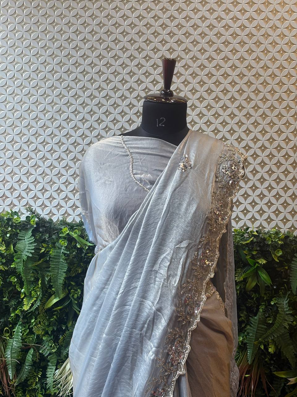 ✨ Moonlight Glimmer – Silver Shimmer Crepe Saree with Hand Embroidery