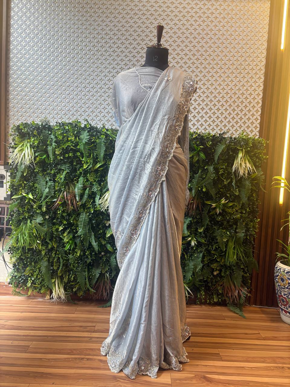 ✨ Moonlight Glimmer – Silver Shimmer Crepe Saree with Hand Embroidery