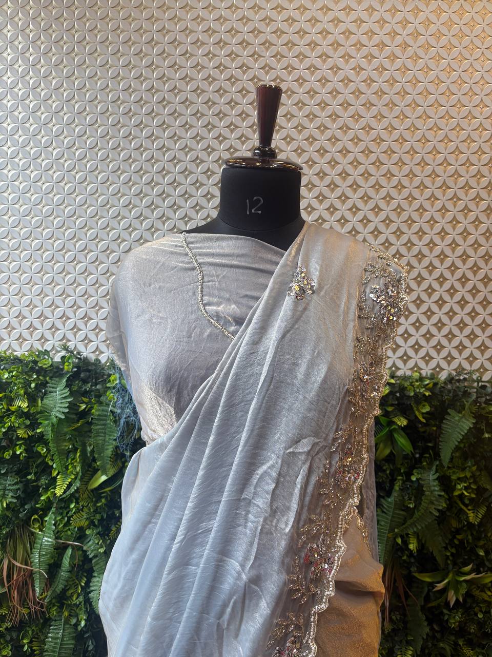 ✨ Moonlight Glimmer – Silver Shimmer Crepe Saree with Hand Embroidery