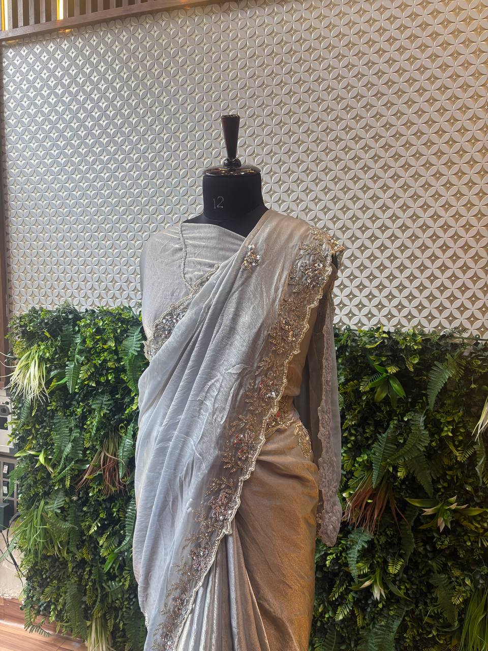 ✨ Moonlight Glimmer – Silver Shimmer Crepe Saree with Hand Embroidery