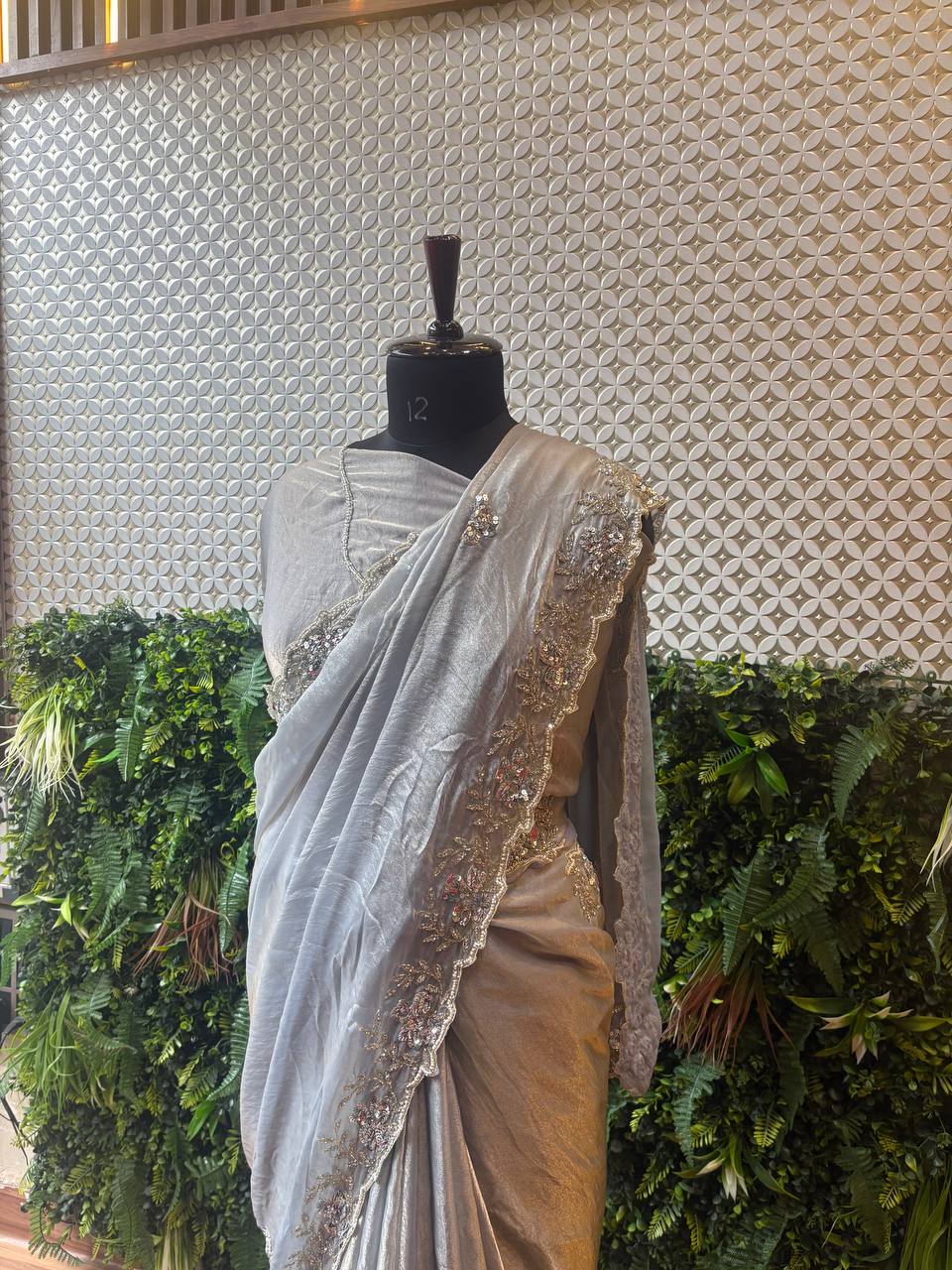 ✨ Moonlight Glimmer – Silver Shimmer Crepe Saree with Hand Embroidery