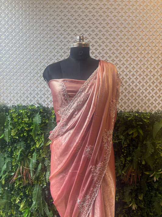 🌸 Blush Radiance – Rose Pink Shimmer Crepe Saree with Hand Embroidery