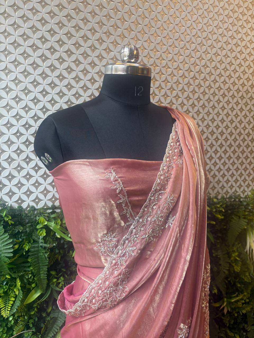 🌸 Blush Radiance – Rose Pink Shimmer Crepe Saree with Hand Embroidery
