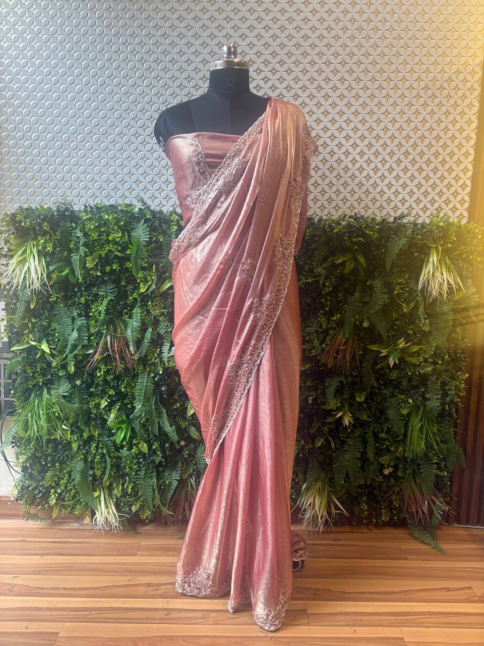 🌸 Blush Radiance – Rose Pink Shimmer Crepe Saree with Hand Embroidery