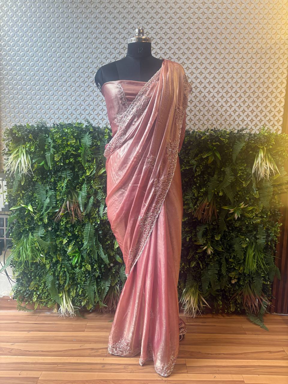 🌸 Blush Radiance – Rose Pink Shimmer Crepe Saree with Hand Embroidery