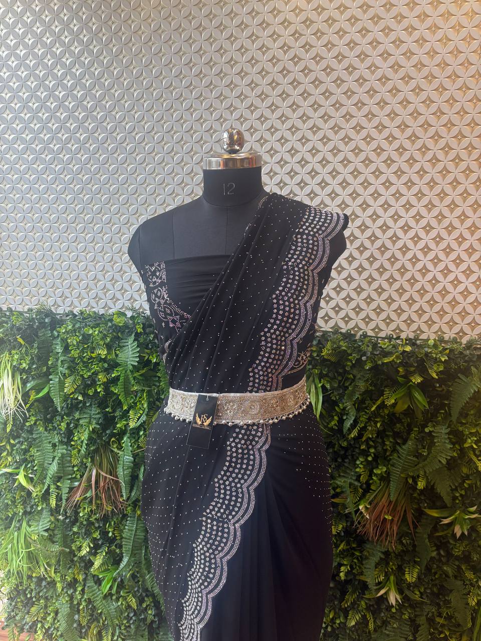 Midnight Grace – Black Crepe Saree with Printed and Stone Detailing