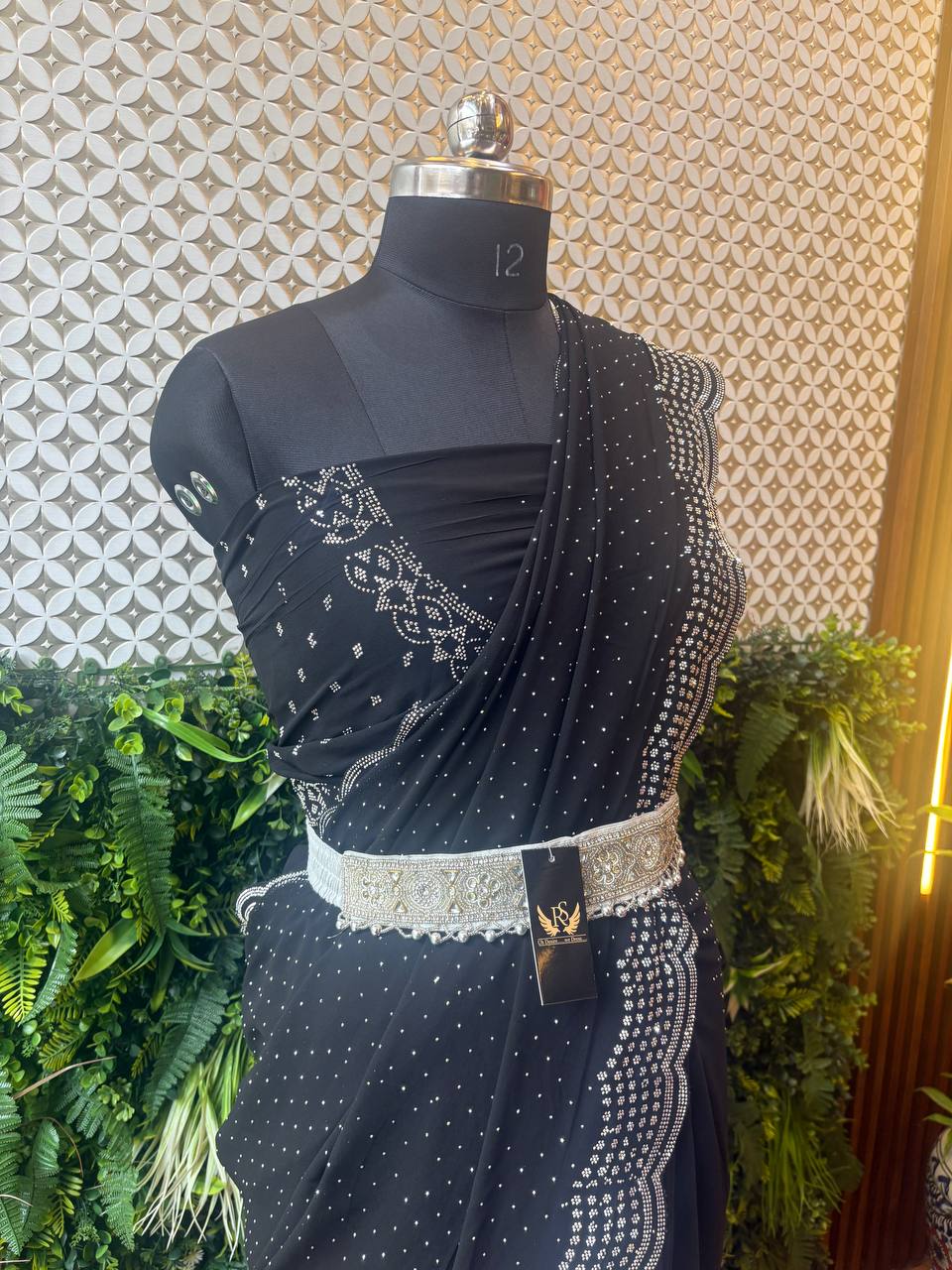 Midnight Grace – Black Crepe Saree with Printed and Stone Detailing