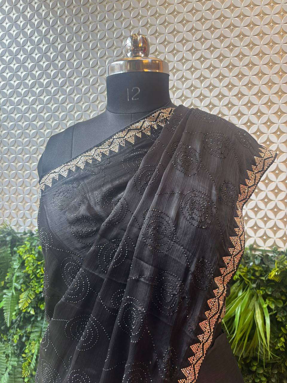 Midnight Grace – Black Crepe Saree with Printed and Stone Detailing