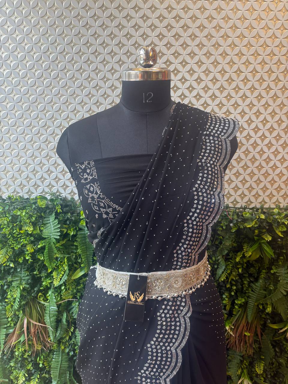 Midnight Grace – Black Crepe Saree with Printed and Stone Detailing
